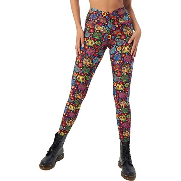 Sugar Skull Halloween Leggings Cat Print Women XL - Picture 3 of 7